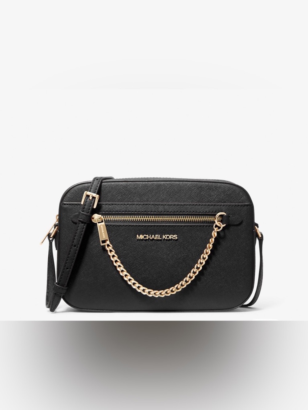 Michael Kors Black Saffiano Leather Crossbody with Gold Chain Detail NWT